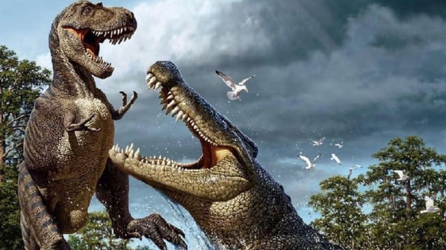 Artistic impression of a Deinosuchus attacking an Albertosaurus.