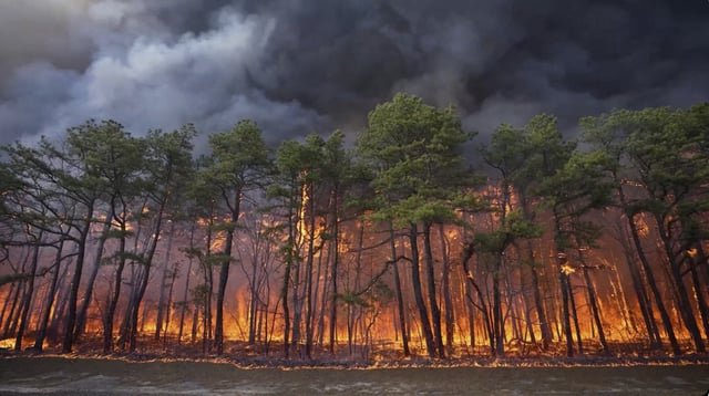 Smoke fills the sky from a wildfire in Lacey Townships, New Jersey, on Tuesday, April 22, 2025.