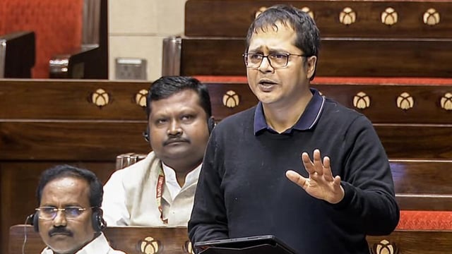 Trinamool Congress MP Saket Gokhale speaks in the Rajya Sabha during the Budget Session of Parliament earlier this year. (SansadTV)