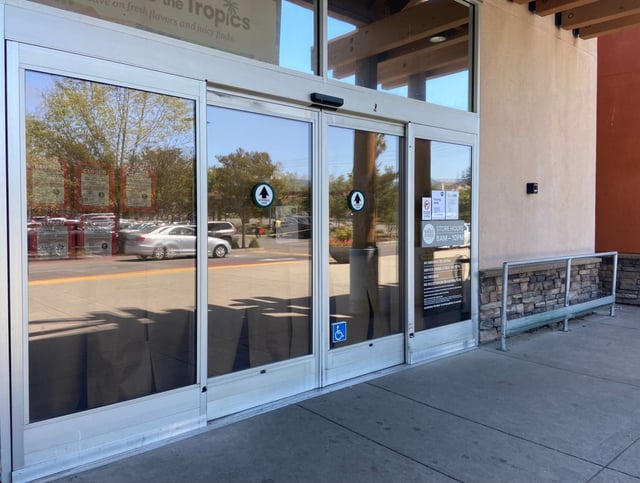 The blocked-off entrance of the Whole Foods store in Cupertino on Tuesday, April 23, 2025. The store temporarily suspended its hot food, deli and bakery departments earlier this month after the county health department found several violations. (Photo by Stephanie Lam / Bay Area News Group)