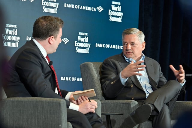 Ben Smith, cofounder and editor-in-chief of Semafor, and Ted Sarandos, co-CEO of Netflix, speak on stage during The Semafor 2025 World Economy Summit on April 23, 2025 in Washington, D.C.