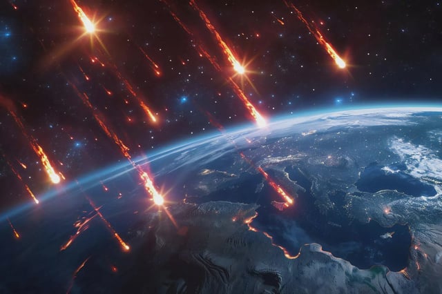 Photo of multiple glowing red meteorites approaching earth