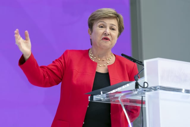 International Monetary Fund (IMF) Managing Director Kristalina Georgieva speaks at the forum Tokenization and the Financial System during the World Bank/IMF Spring Meetings at the International Monetary Fund (IMF) headquarters in Washington, Wednesday, April 23, 2025. (AP Photo/Jose Luis Magana)