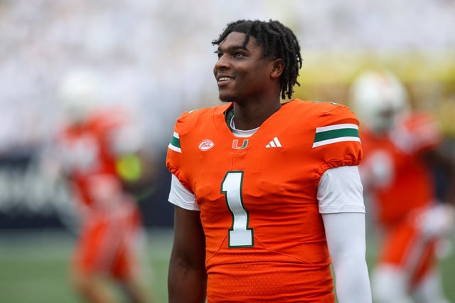Nov 9, 2024; Atlanta, Georgia, USA; Miami Hurricanes quarterback Cam Ward (1) on the sideline against the Georgia Tech Yellow Jackets in the first quarter at Bobby Dodd Stadium at Hyundai Field. Mandatory Credit: Brett Davis-Imagn Images/ File Photo