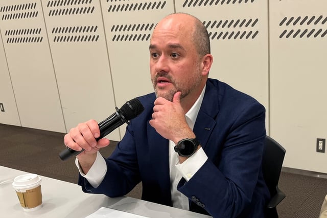 Ivan Espinosa, who will become the chief executive at Japanese automaker Nissan in April, speaks to reporters at the Nissan Technical Center in Atsugi, Japan, Wednesday, March 25, 2025. (AP Photo/Yuri Kageyama)