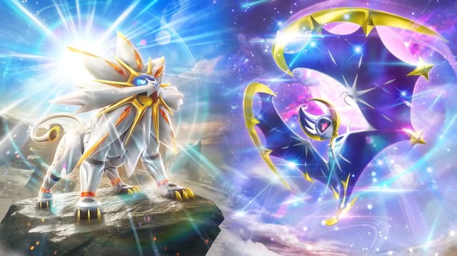 Key artwork for the Celestial Guardians expansion in Pokémon TCG Pocket featuring Solgaleo and Lunala.