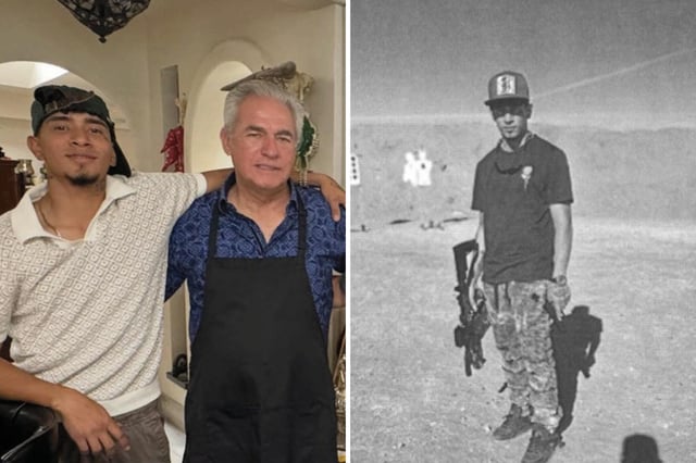 Cristhian Ortega-Lopez, a suspected gang member, along with former judge Joel Cano (L). Ortega-Lopez (R) is seen carrying what appears to be a gun.