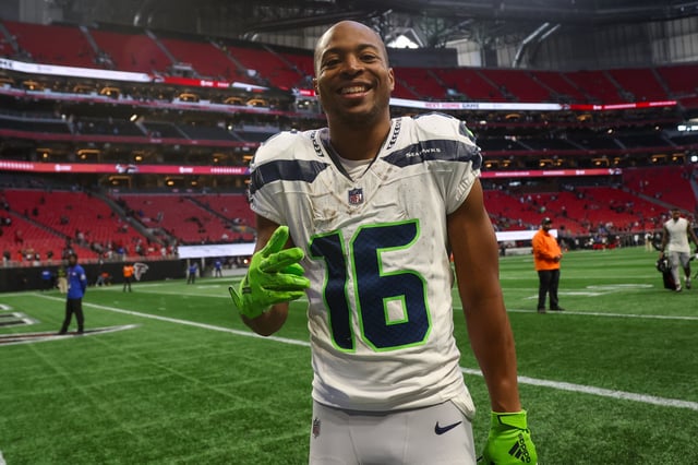 Oct 20, 2024; Atlanta, Georgia, USA; Seattle Seahawks wide receiver Tyler Lockett (16) celebrates after a victory over the Atlanta Falcons at Mercedes-Benz Stadium. Mandatory Credit: Brett Davis-Imagn Images/ File Photo