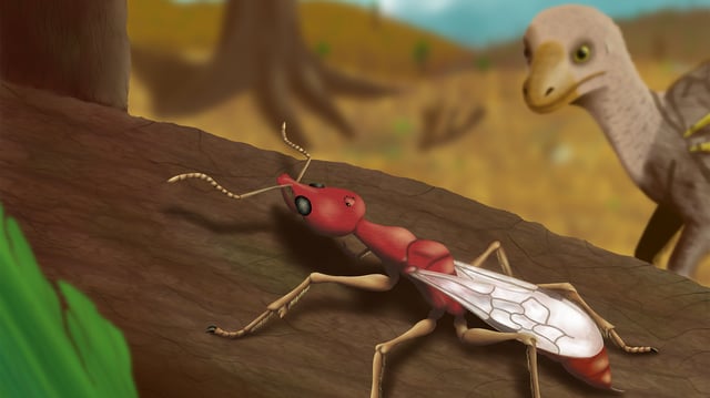 A paleoartistic reconstruction of the new species, based on the fossil and on a close relative species found in amber from Myanmar.