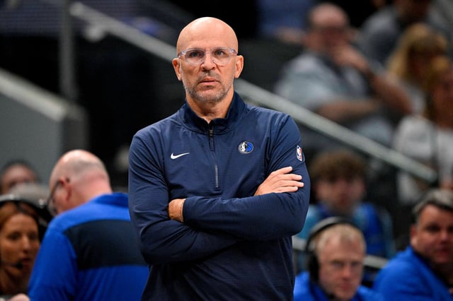 Mar 31, 2025; Dallas, Texas, USA; Dallas Mavericks head coach Jason Kidd looks on during the first quarter against the Brooklyn Nets at the American Airlines Center. Mandatory Credit: Jerome Miron-Imagn Images/File Photo
