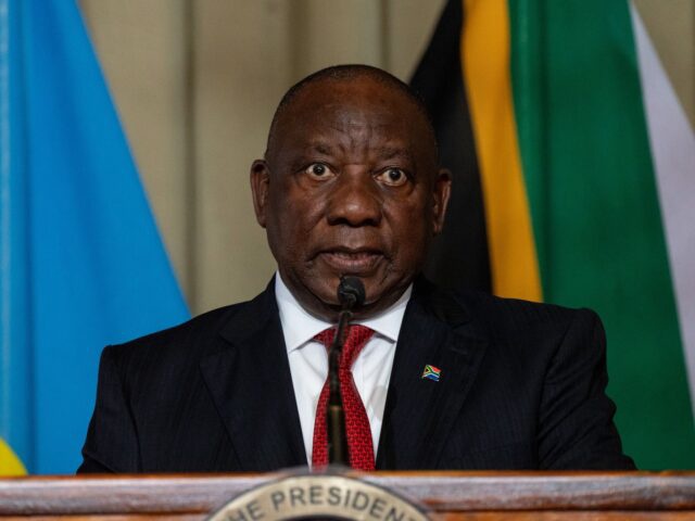 Cyril Ramaphosa, South Africa's president, during a news conference following a meeting with Volodymyr Zelenskiy, Ukraine's president, at the Union Buildings in Pretoria, South Africa, on Thursday, April 24, 2025. President Volodymyr Zelenskiy became the fist leader of Ukraine to visit South Africa in a bid to expand diplomatic outreach while he can no longer fully rely on US as his nation's key ally and the peace deal with Russia remains elusive. Photographer: Leon Sadiki/Bloomberg via Getty Images