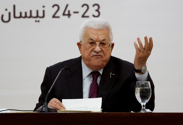 Palestinian President Mahmoud Abbas holds a leadership meeting in Ramallah, in the Israeli-occupied West Bank, April 23, 2025. REUTERS/Mohammed Torokman