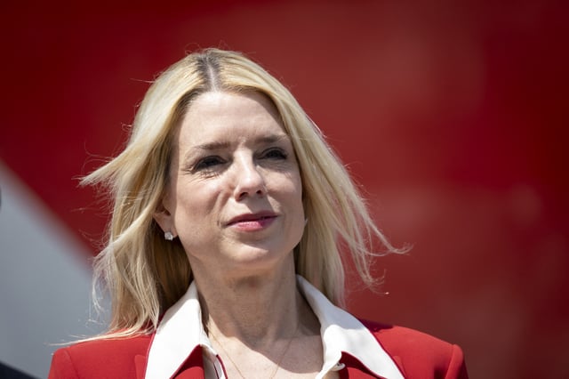 US Attorney General Pam Bondi attends a press conference on illicit narcotics, at Port Everglades in Fort Lauderdale, Florida on April 9, 2025.