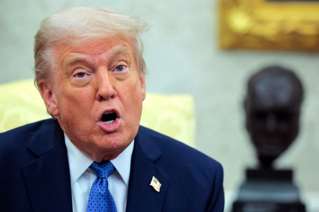 U.S. President Donald Trump delivers remarks during a meeting with Norway's Prime Minister Jonas Gahr Store in the Oval Office at the White House on April 24, 2025 in Washington, DC. The leaders are expected to discuss security, trade, NATO and the war in Ukraine.