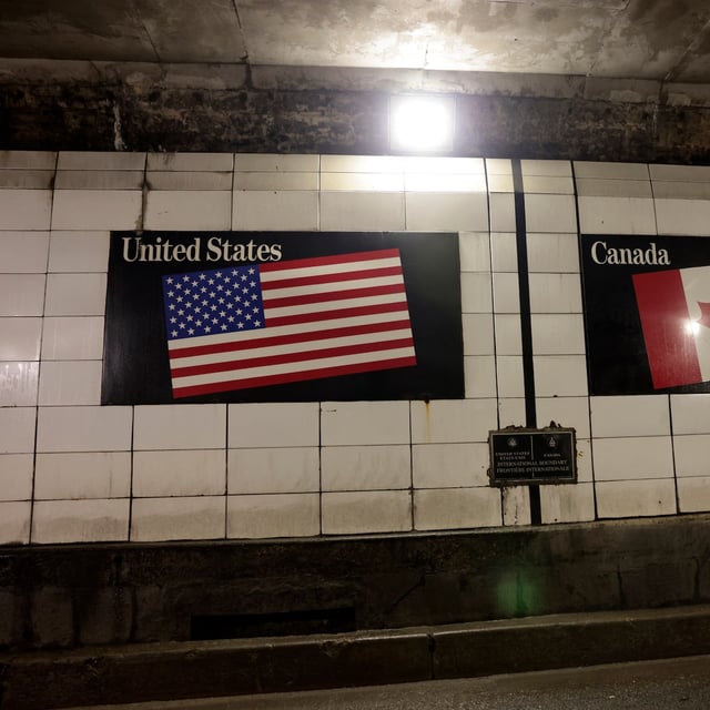 The border between the U.S. and Canada is seen inside the tunnel that connects Detroit, Michigan to Windsor, Ont., on April 3.