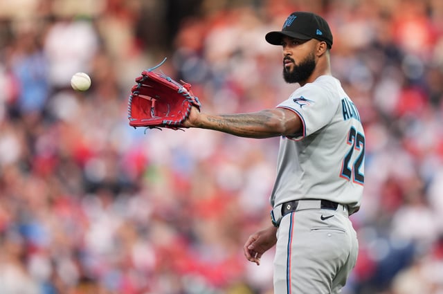 PHILADELPHIA, PENNSYLVANIA - APRIL 18: Sandy Alcantara #22 of the Miami Marlins in the game against the Philadelphia Phillies at Citizens Bank Park on April 18, 2025 in Philadelphia, Pennsylvania.