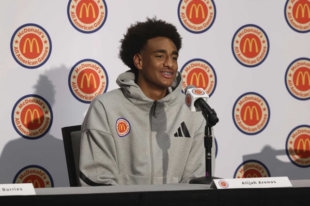 Alijah Arenas, of Chatsworth High School in California, who has committed to USC next year, takes questions during the McDonald&#39;s All American Games Media Day, March 31, 2025 in New York. The son of former Warriors star Gilbert Arenas has been placed in an induced coma following a serious car crash early Thursday morning in Los Angeles.