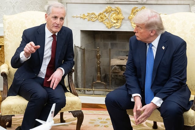 President Donald Trump listens as Norwegian Prime Minister Jonas Gahr Støre speaks in the Oval Office on Thursday.