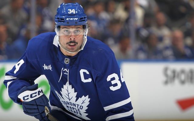 Auston Matthews #34 of the Toronto Maple Leafs moves into action against the Ottawa Senators during the second period in Game One of the First Round of the 2025 Stanley Cup Playoffs at Scotiabank Arena on April 20, 2025 in Toronto, Ontario, Canada.