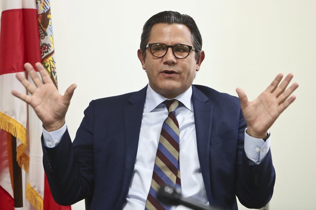 FILE - Sen. Jason Pizzo, D-North Miami Beach, speaks to the media in the Senate Office Building at the Capitol in Tallahassee, Fla., on Monday, Feb. 6, 2023. (AP Photo/Phil Sears, File)
