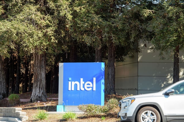 The Intel logo outside the Santa Clara, Calif., headquarters of the chip company on Sept. 30, 2024.