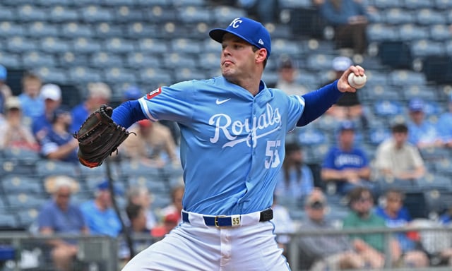 Apr 24, 2025; Kansas City, Missouri, USA;  Kansas City Royals starting pitcher Cole Ragans (55) throws a pitch in the first inning against the Colorado Rockies at Kauffman Stadium. Mandatory Credit: Peter Aiken-Imagn Images