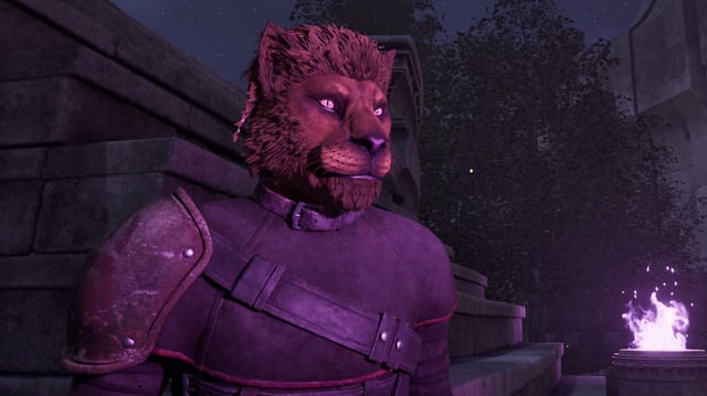 Oblivion Remastered - A khajiit player with vampirism standing by a purple flame at night