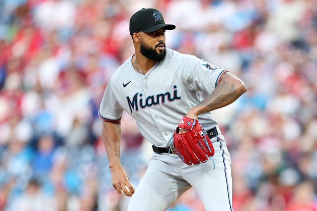 PHILADELPHIA, PENNSYLVANIA - APRIL 18: Sandy Alcantara #22 of the Miami Marlins pitches in the first inning against the Philadelphia Phillies at Citizens Bank Park on April 18, 2025 in Philadelphia, Pennsylvania.