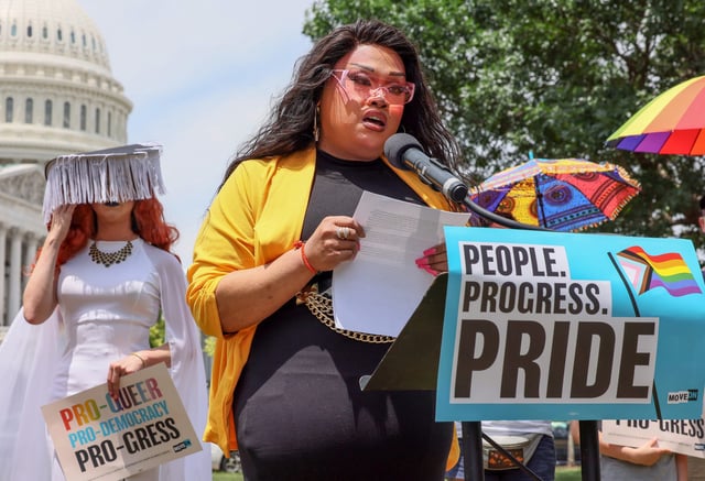 Drag performer Jiggly Caliente speaks during a press conference advocating for LGBTQ+ rights on Capitol Hill in Washington, DC., on June 25, 2024.