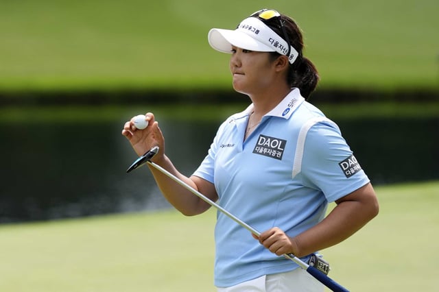 Haeran Ryu, of South Korea, reacts on the 15th hole during the first round of the Chevron Championship LPGA golf tournament Thursday, April 24, 2025, in The Woodlands, Texas.