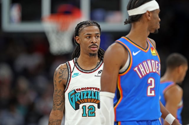 Ja Morant #12 of the Memphis Grizzlies looks on during the game against the Oklahoma City Thunder at FedExForum on February 08, 2025 in Memphis, Tennessee.