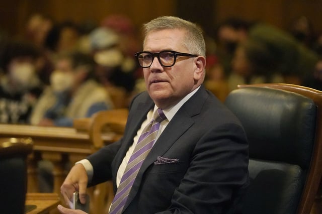 FILE - Supervisor Matt Dorsey is shown during a San Francisco Board of Supervisors meeting in San Francisco, Tuesday, Jan. 9, 2024. (AP Photo/Jeff Chiu, File)