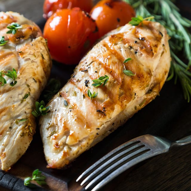 Cooked chicken breast on a plate. 