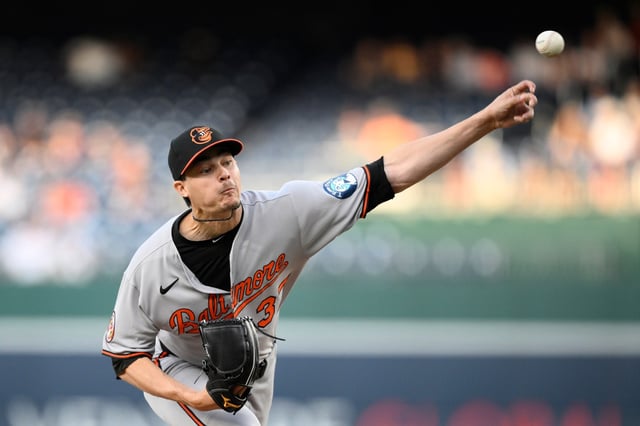 Baltimore Orioles starting pitcher Cade Povich throws during the first inning of a baseball game against the Washington Nationals, Thursday, April 24, 2025, in Washington. (AP Photo/Nick Wass)
