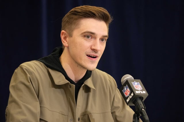 Feb 25, 2025; Indianapolis, IN, USA; Jacksonville Jaguars general manger James Gladstone speaks during the NFL Scouting Combine at the Indiana Convention Center. Mandatory Credit: Kirby Lee-Imagn Images