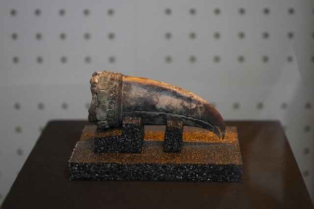 An ancient artifact found in a recently discovered burial site at the Aspero archaeological complex, belonging to the Caral civilization, during a press presentation at the Ministry of Culture in Lima on April 24, 2025