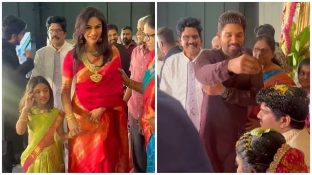 Sneha Reddy and Allu Arjun with their daughter, Arha, attend a wedding. 
