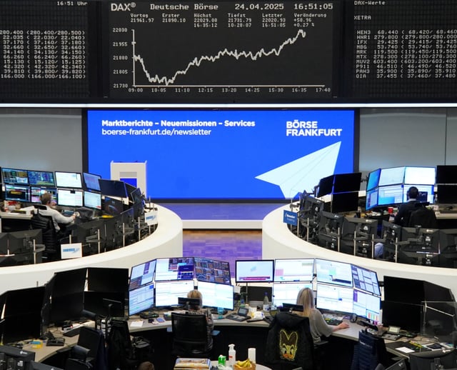 The German share price index DAX graph is pictured at the stock exchange in Frankfurt, Germany, April 24, 2025.   REUTERS/staff
