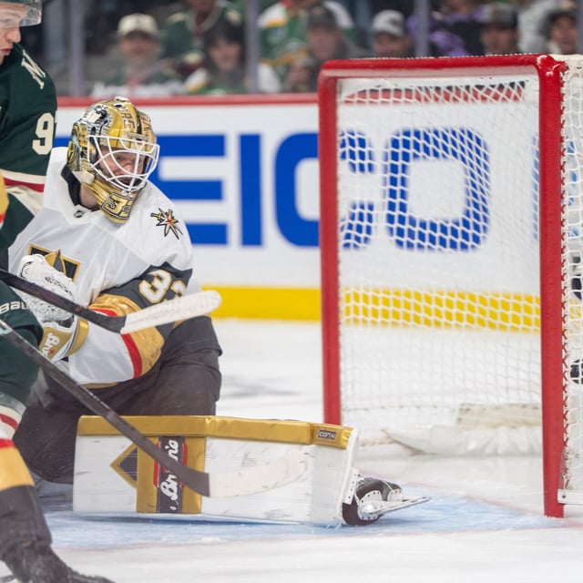 Apr 24, 2025; Saint Paul, Minnesota, USA; Vegas Golden Knights goaltender Adin Hill (33) watches a shot from Minnesota Wild left wing Matt Boldy (12) go into the net behind him in the second period in game three of the first round of the 2025 Stanley Cup Playoffs at Xcel Energy Center. Mandatory Credit: Matt Blewett-Imagn Images