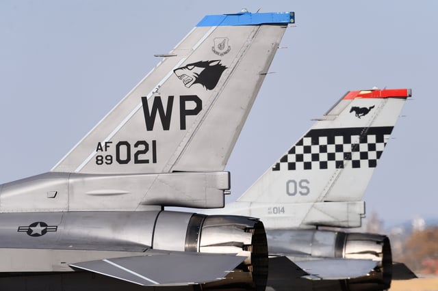 Two U.S. Air Force F-16 Fighting Falcons, assigned to the 36th Fighter Squadron and participating in 7th Air Force's Super Squadron test, park next to each other on the flight line at Osan Air Base, in Pyeongtaek, 60 kilometers south of Seoul, on March 19, 2025, in this photo provided by the 7th Air Force. (PHOTO NOT FOR SALE) (Yonhap)