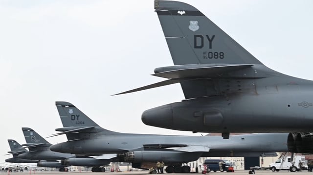 Four B-1B bombers park at  Misawa Air Base in Japan on April 18, 2025, for the Bomber Task Force 25-2 mission.