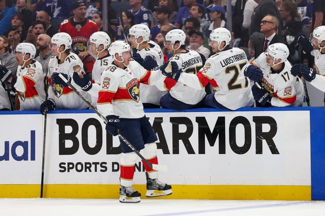 Apr 24, 2025; Tampa, Florida, USA; Florida Panthers defenseman Nate Schmidt (88) celebrates after scoring a goal against the Tampa Bay Lightning during the first period in game two of the first round of the 2025 Stanley Cup Playoffs at Amalie Arena. Mandatory Credit: Nathan Ray Seebeck-Imagn Images