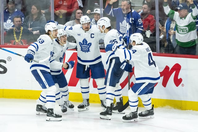 Apr 24, 2025; Ottawa, Ontario, CAN; The Toronto Maple Leafs celebrate a goal goal scored by center Auston Matthews (34) in game three of the first round of the 2025 Stanley Cup Playoffs against the   Ottawa Senators at Canadian Tire Centre. Mandatory Credit: Marc DesRosiers-Imagn Images