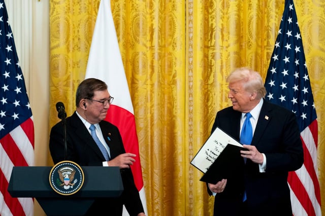 U.S. President Donald Trump and Shigeru Ishiba,Japan&#39;s prime minister, during a news conference in the East Room of the White House on Feb. 7, 2025.