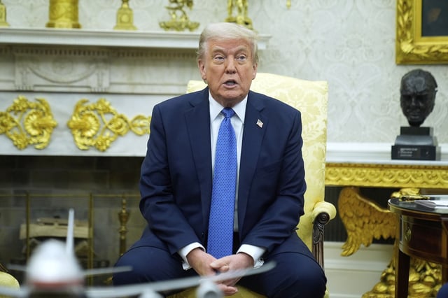 President Donald Trump speaks during a meeting with Norwegian Prime Minister Jonas Gahr Støre during a bilateral meeting in the Oval Office of the White House, Thursday, April 24, 2025, in Washington. (AP Photo/Mark Schiefelbein)