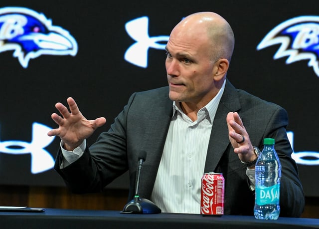 Baltimore Ravens general manager Eric DeCosta speak to the media following their first-round pick of safety Malaki Starks in the 2025 NFL Draft at the Owings Mills facility. (Kevin Richardson/Staff)