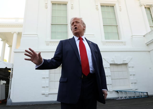 U.S. President Donald Trump speaks to reporters at the White House in Washington, D.C., U.S., April 23, 2025. REUTERS/Kevin Lamarque/File Photo