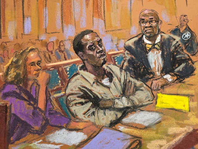 Sean "Diddy" Combs listens accompanied by attorneys Anthony Ricco and Alexandra Shapiro, on the day of his hearing on his request to be released from jail pending trial in New York City, U.S., November 22, 2024 in this courtroom sketch. REUTERS/Jane Rosenberg/File Photo