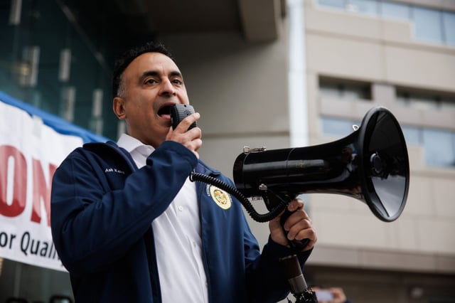 Assemblymember Ash Kalra speaks as California Faculty Association members picket on the first day of five-day strike outside SJSU in downtown San Jose, Calif., on Monday, Jan. 22, 2024. (Dai Sugano/Bay Area News Group)