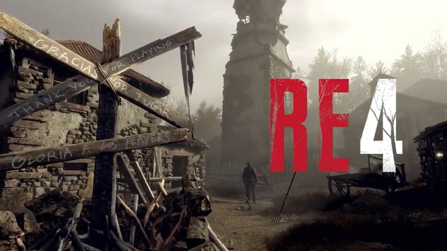 A still from the Resident Evil 4 remake celebration trailer, showing a cross-shaped sign reading &#34;Thank you for playing.&#34;